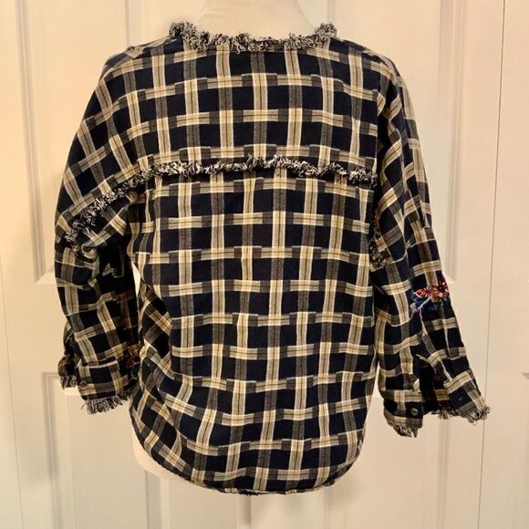 Sweewe Paris Blue Plaid Embroidered Sleeve Fringe Cropped Sleeve Cotton Top Sm - Picture 6 of 11